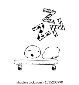 Vector sketch funny sleeping smile with sleep sound zzz on white background. Pencil hand draw illustration. Baby graphic abstract doodle