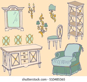 vector sketch of furniture for the living room in classic style, in beige background  interior decoration, vintage indoor 