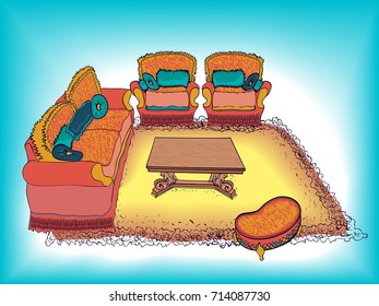 vector sketch furniture project of  soft corner in classical style two armchairs, pouf,  cut wooden table, soft sofa with cushions on the carpet in the living room bright red and blue colors, gradient
