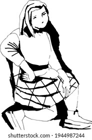 Vector. Sketch. Sketch with a gel pen and an archer. Illustration. A girl in a skirt in a cage sits sideways. Right hand on the belt. The right leg is bent. Thoughtful look. Monochrome. Black and whit