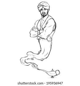 Vector Sketch Genie and Magic Lamp