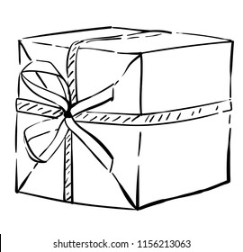 Vector sketch of gift box. Illustration of gift wrapping with ribbon. Surprise on holiday