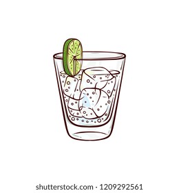 Vector sketch gin tonic glass with lime slice and ice cubes. Hand drawn alcohol drink, beverage cocktail for bar, pub restaurans or party design. Tequila or vodka shot icon