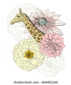 Vector sketch of a giraffe with flowers. Hand drawn illustration