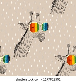 Vector sketch of giraffe with glasses. Retro illustration