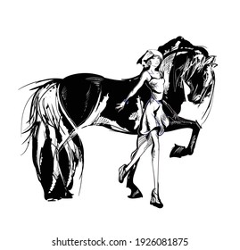 Vector sketch of the girl and black horse