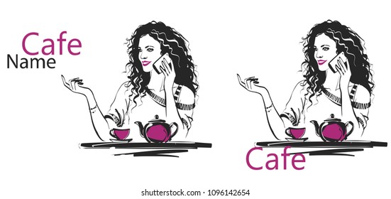 vector sketch of a girl at a cafe table, isolated objects. You can substitute your name and color of your design