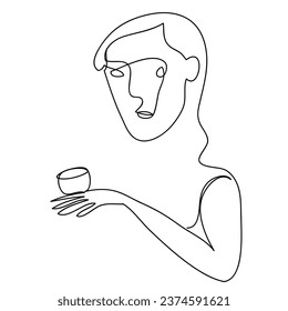 Vector sketch of a girl drinking coffee drawn in linear style