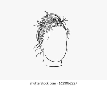 Vector sketch of girl head with no face and bun hairstyle, Hand drawn illustration isolated