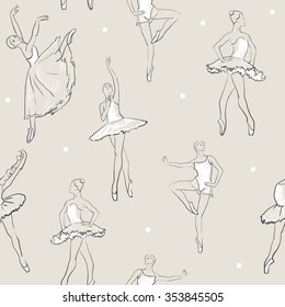 vector sketch of girls ballerina standing in a pose seamless pattern