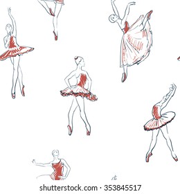 vector sketch of girls ballerina standing in a pose seamless pattern