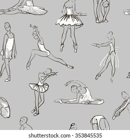 vector sketch of girls ballerina standing in a pose seamless pattern