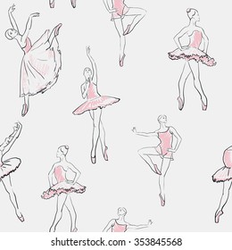 vector sketch of girls ballerina standing in a pose seamless pattern