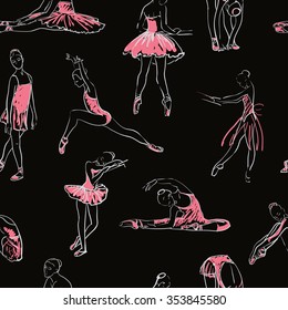 vector sketch of girls ballerina standing in a pose seamless pattern