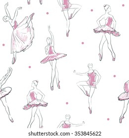 vector sketch of girls ballerina standing in a pose seamless pattern