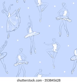 vector sketch of girls ballerina standing in a pose seamless pattern