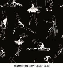 vector sketch of girls ballerina standing in a pose seamless pattern