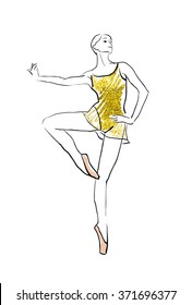 vector sketch of girls ballerina standing. gold texture