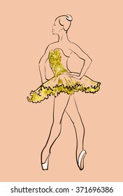 vector sketch of girls ballerina standing. gold texture