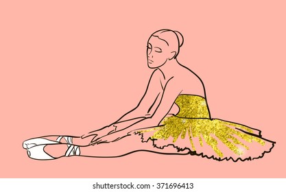 vector sketch of girls ballerina standing. gold texture