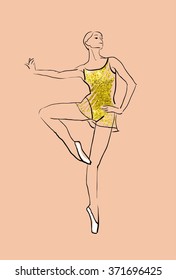 vector sketch of girls ballerina standing. gold texture