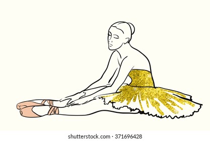 vector sketch of girls ballerina standing. gold texture
