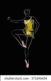 vector sketch of girls ballerina standing. gold texture