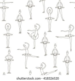 vector sketch of girls ballerina standing in a pose seamless pattern
