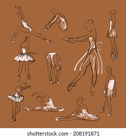vector sketch of girl's ballerinas standing in a pose set