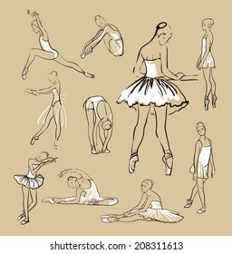 vector sketch of girl's ballerinas standing in a pose set