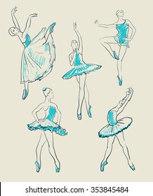 vector sketch of girls ballerinas standing in a pose set
