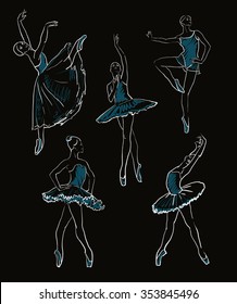 vector sketch of girls ballerinas standing in a pose set