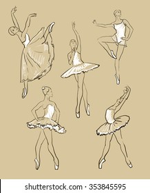 vector sketch of girls ballerinas standing in a pose set