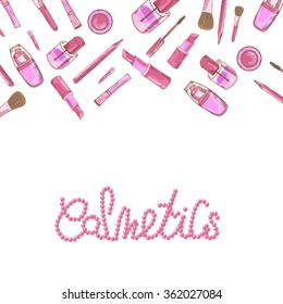 Vector sketch Glamorous make up set of  cosmetics with nail polish and lipstick. Creative design for card, web design background, book cover.EPS10