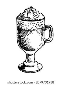 Vector Sketch Glass with Irish Coffee with cream foam. Irish cream coffee. Vector hand drawing illustration. Hot drink with whisky.