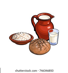 vector sketch glass of milk and ceramic pitcher jug crock, cottage cheese in pot, dark bread loaf set. Isolated illustration on a white background. Healthy food dairy products, natural dieting concept