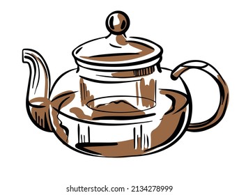 Vector sketch of a glass teapot with tea on a white background