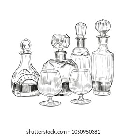 Vector sketch with glasses and alcoholic  drinks  in crystal glasses.Hand drawn aperitif or digestive. Vintage style.     
