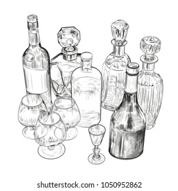 Vector sketch with glasses and alcoholic drinks in crystal glasses and bottles. Hand drawn aperitif or digestive. Vintage style.