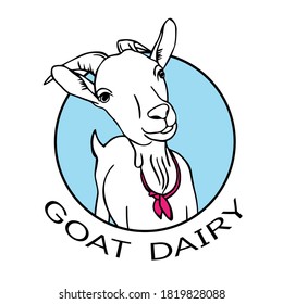 Vektorgrafik einer Ziege auf blauem Hintergrund. Handgezeichnete Umrissgrafik. Einzelbild. Kann als Logo oder Icon für Milchladen, Farm, Milchladen verwendet werden.	