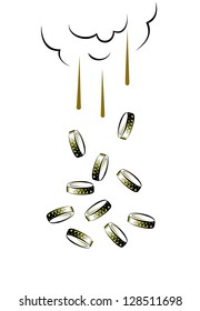 The vector sketch of gold coins, which falls down from above.