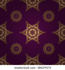 Vector sketch with gold ornament on a purple background. Golden seamless pattern.