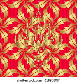Vector sketch with gold ornament on a red background. Golden seamless pattern.