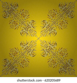 Vector sketch with gold ornament on a yellow background. Golden seamless pattern.