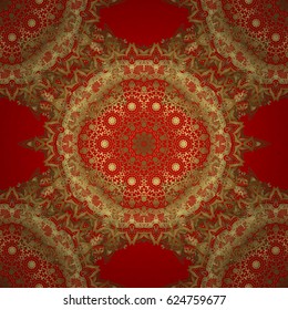 Vector sketch with gold ornament on a red background. Golden seamless pattern.