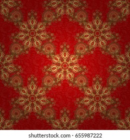 Vector sketch with gold ornament on a red background. Golden seamless pattern.