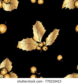 Vector sketch of Golden Christmas holly berry. Seamless pattern .Christmas symbol.