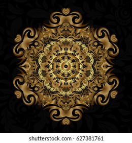 Vector sketch of golden mehndi mandala on black. Traditional indian style, ornamental floral elements for henna tattoo, golden stickers, flash temporary tattoo, mehndi and yoga design, cards, prints.