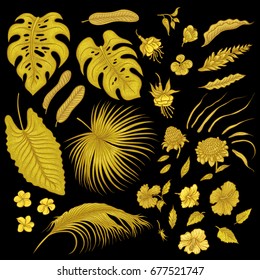 Vector sketch golden texture set of isolated elements. Gold shiny leaves of tropical plants, exotic flowers buds. Graphic outline drawing collection goldish herb and vegetation monsoon rainforest