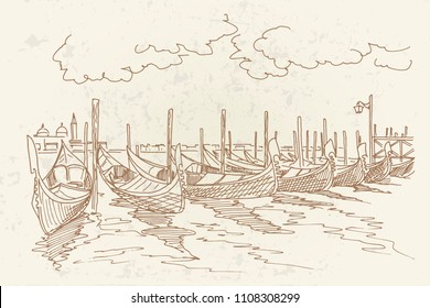 Vector sketch of gondolas moored near St.Mark square in Venice. Retro style.